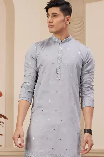 men's light gray  straight kurta pajama with computer thread work on art silk and with lining