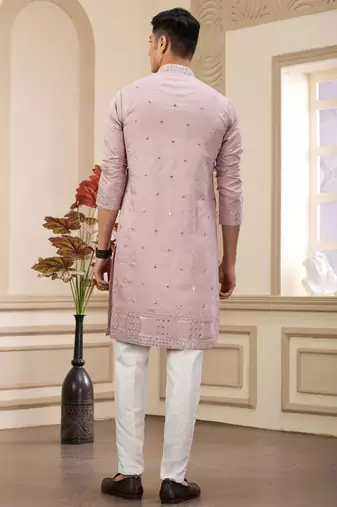 men's onion  straight kurta pajama with computer thread work on art silk and with lining