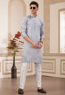 men's light gray  straight kurta pajama with computer thread work on art silk and with lining 3