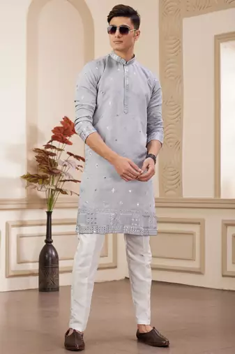 men's light gray  straight kurta pajama with computer thread work on art silk and with lining