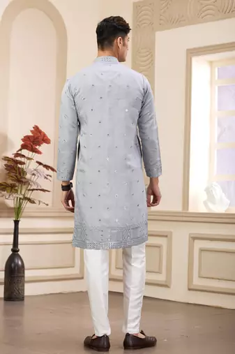 men's light gray  straight kurta pajama with computer thread work on art silk and with lining