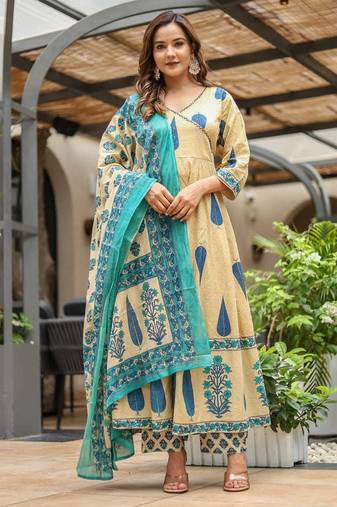 Cotton cambric anarkali printed kurti pant dupatta set
