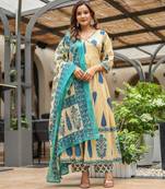 Cotton cambric anarkali printed kurti pant dupatta set