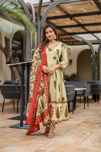 Cotton cambric anarkali printed kurti pant dupatta set