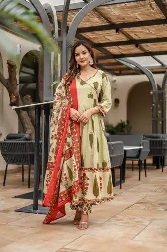Cotton cambric anarkali printed kurti pant dupatta set