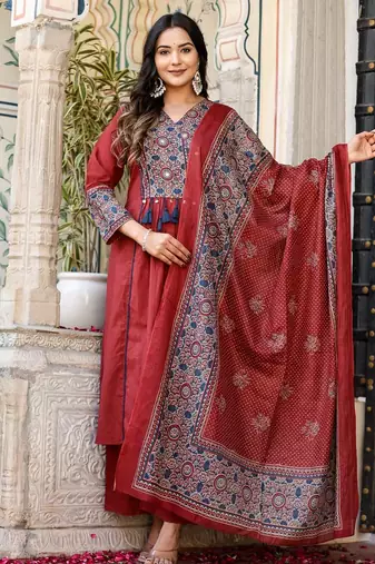 Cotton cambric a-line printed kurti pant dupatta set
