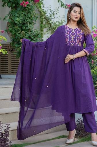 Cotton cambric a-line printed kurti pant dupatta set