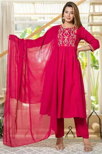 Cotton cambric a-line printed kurti pant dupatta set