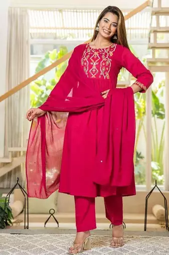 Cotton cambric a-line printed kurti pant dupatta set