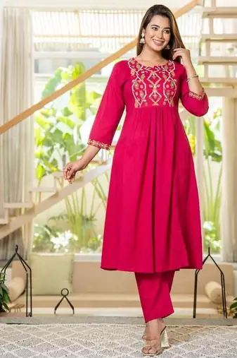 Cotton cambric a-line printed kurti pant dupatta set
