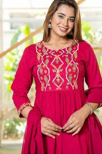 Cotton cambric a-line printed kurti pant dupatta set