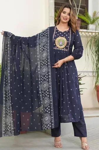 cotton cambric printed anarkali kurti pant dupatta set