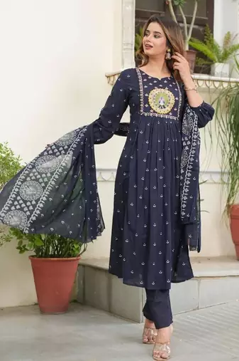 cotton cambric printed anarkali kurti pant dupatta set