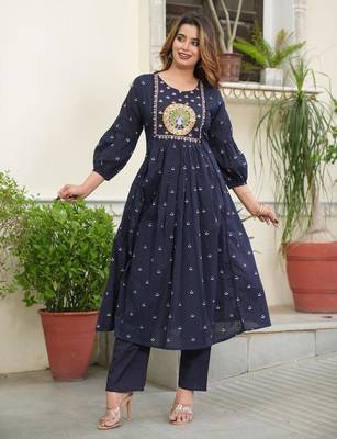 cotton cambric printed anarkali kurti pant dupatta set 3