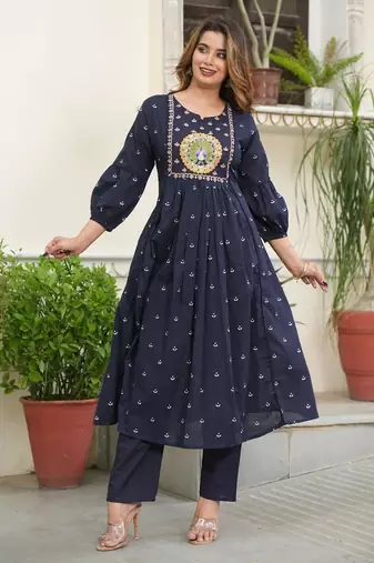 cotton cambric printed anarkali kurti pant dupatta set