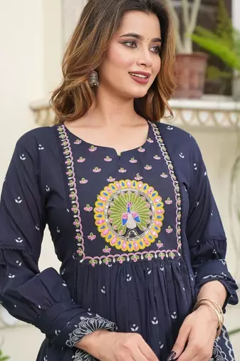 cotton cambric printed anarkali kurti pant dupatta set