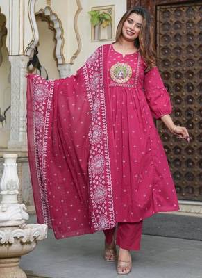cotton cambric printed anarkali kurti pant dupatta set 1