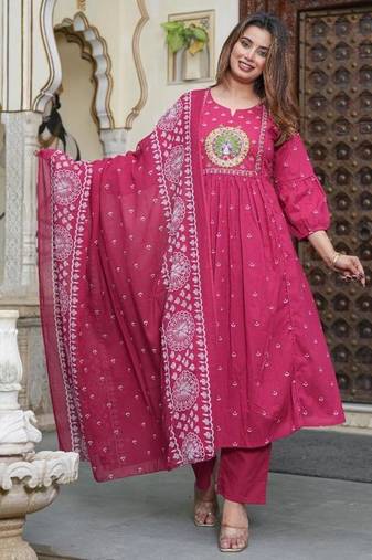 cotton cambric printed anarkali kurti pant dupatta set