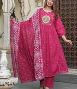 cotton cambric printed anarkali kurti pant dupatta set