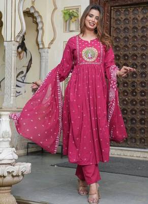cotton cambric printed anarkali kurti pant dupatta set 2