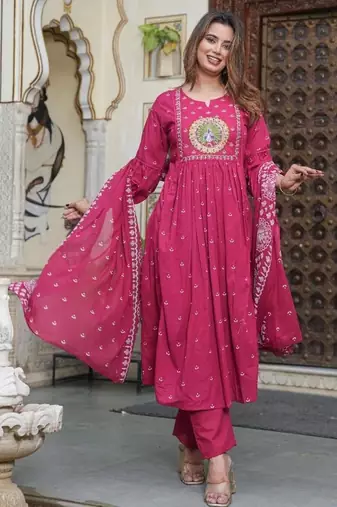 cotton cambric printed anarkali kurti pant dupatta set