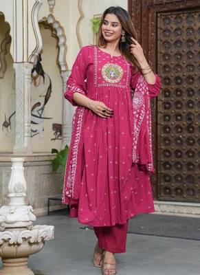 cotton cambric printed anarkali kurti pant dupatta set 3