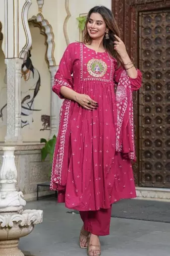 cotton cambric printed anarkali kurti pant dupatta set