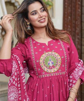 cotton cambric printed anarkali kurti pant dupatta set 4