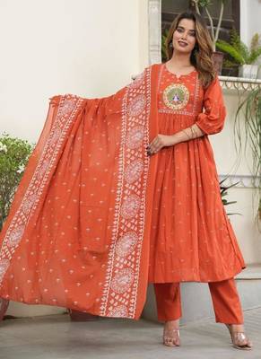 cotton cambric printed anarkali kurti pant dupatta set 1