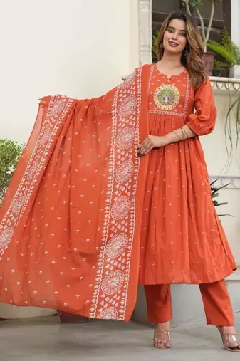 cotton cambric printed anarkali kurti pant dupatta set