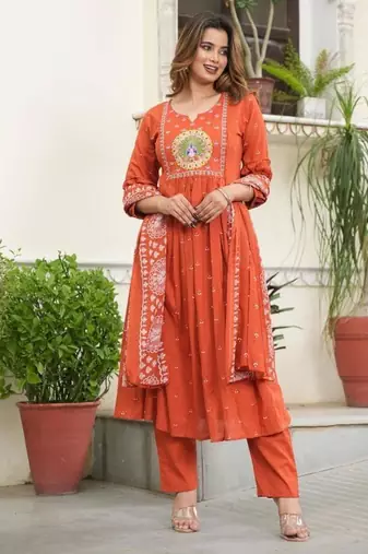 cotton cambric printed anarkali kurti pant dupatta set