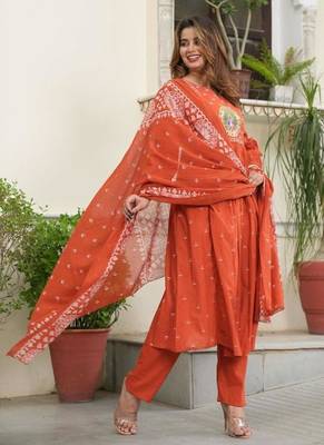 cotton cambric printed anarkali kurti pant dupatta set 3
