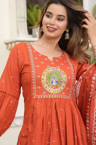 cotton cambric printed anarkali kurti pant dupatta set