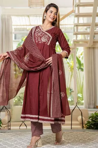 cotton cambric anarkali printed kurti pant dupatta set