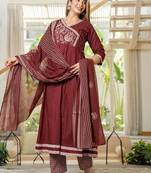 cotton cambric anarkali printed kurti pant dupatta set