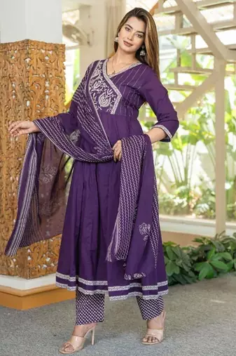 cotton cambric anarkali printed kurti pant dupatta set