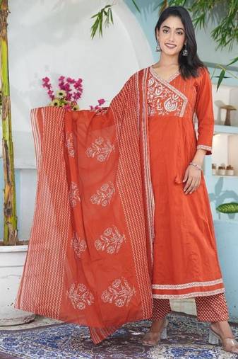 cotton cambric anarkali printed kurti pant dupatta set