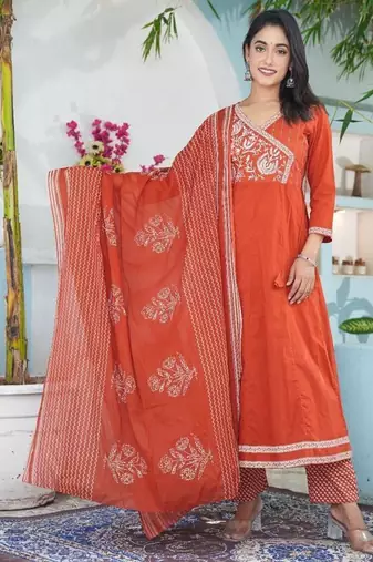 cotton cambric anarkali printed kurti pant dupatta set