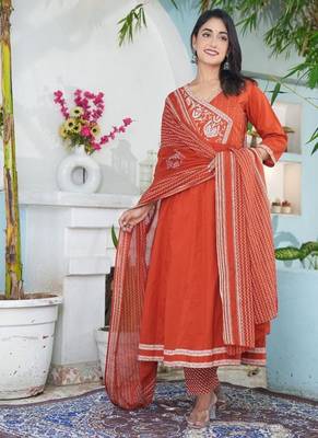 cotton cambric anarkali printed kurti pant dupatta set 2