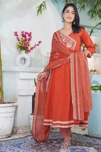cotton cambric anarkali printed kurti pant dupatta set