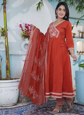 cotton cambric anarkali printed kurti pant dupatta set 3