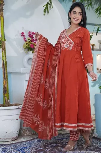 cotton cambric anarkali printed kurti pant dupatta set