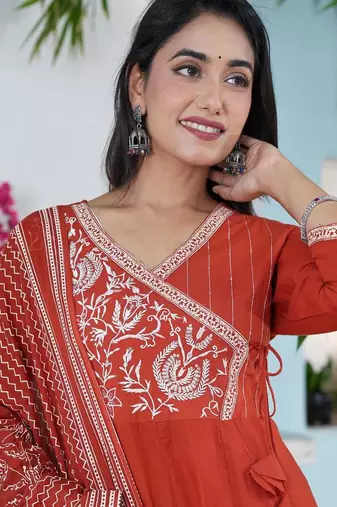 cotton cambric anarkali printed kurti pant dupatta set