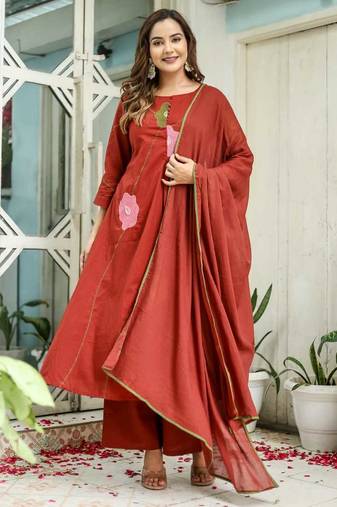 Cotton cambric a-line dyed kurti pant dupatta set