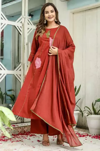 Cotton cambric a-line dyed kurti pant dupatta set