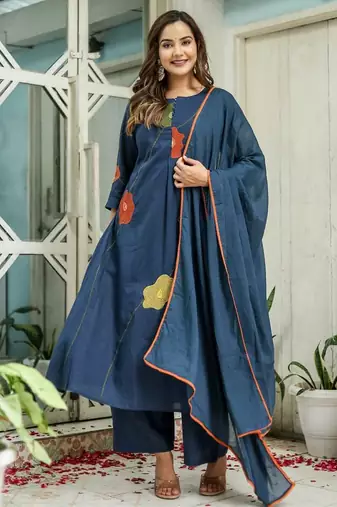 Cotton cambric a-line dyed kurti pant dupatta set