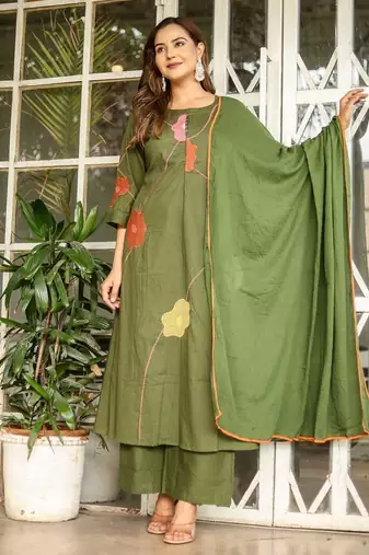 Cotton cambric a-line dyed kurti pant dupatta set