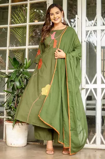 Cotton cambric a-line dyed kurti pant dupatta set