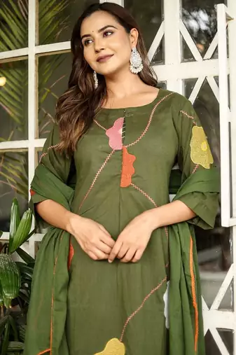 Cotton cambric a-line dyed kurti pant dupatta set