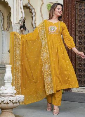 cotton cambric printed anarkali kurti pant dupatta set 1